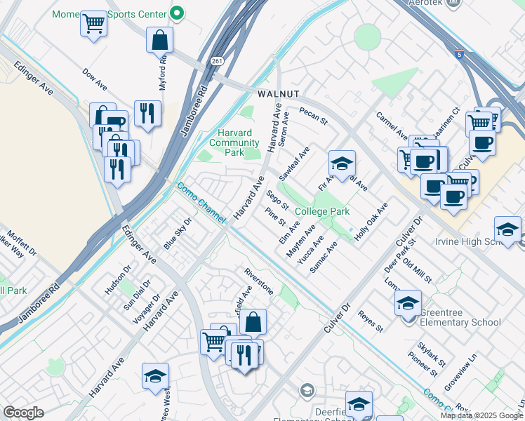 map of restaurants, bars, coffee shops, grocery stores, and more near 14871 Athel Avenue in Irvine