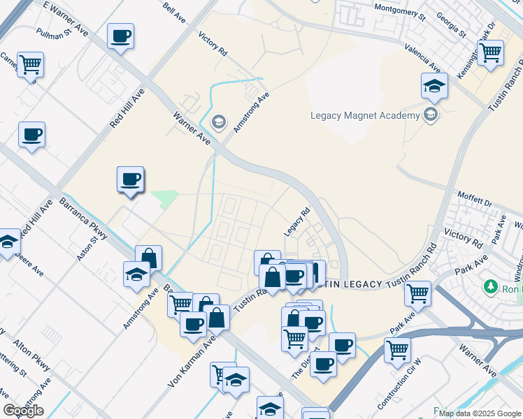 map of restaurants, bars, coffee shops, grocery stores, and more near 15991 Armstrong Avenue in Irvine
