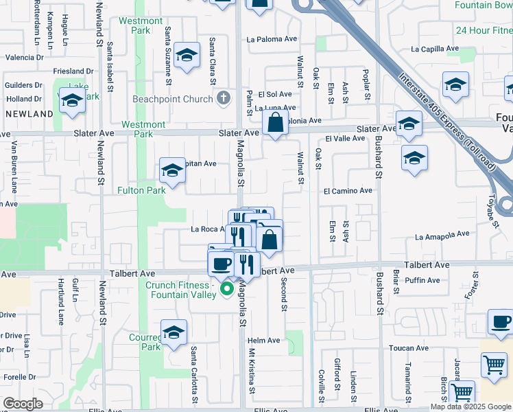 map of restaurants, bars, coffee shops, grocery stores, and more near 9074 Windsor Avenue in Fountain Valley