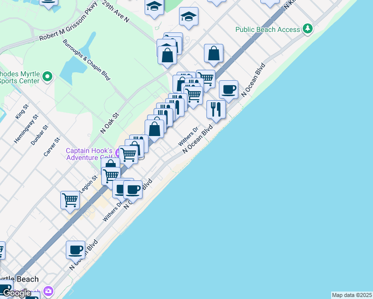 map of restaurants, bars, coffee shops, grocery stores, and more near 2507 North Ocean Boulevard in Myrtle Beach