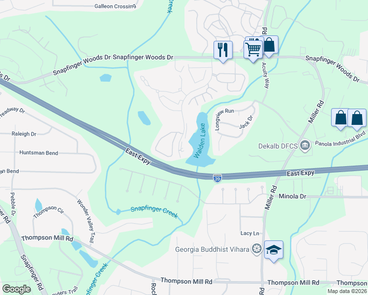 map of restaurants, bars, coffee shops, grocery stores, and more near 2802 Shellbark Road in Decatur