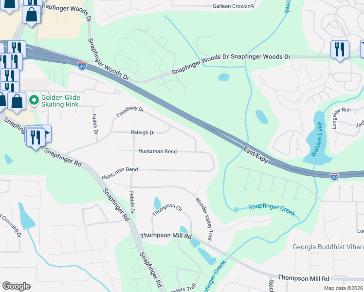 map of restaurants, bars, coffee shops, grocery stores, and more near 2594 Treadway Drive in Decatur