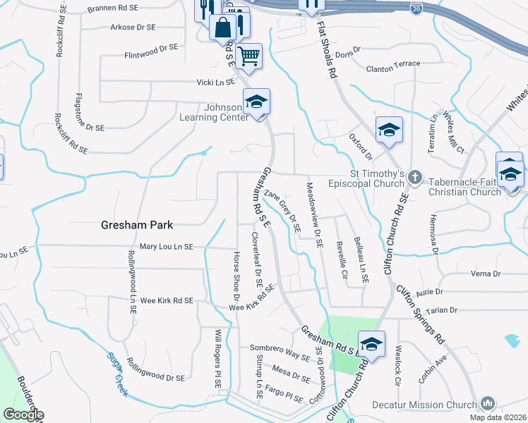 map of restaurants, bars, coffee shops, grocery stores, and more near 2831 Gresham Road South East in Atlanta