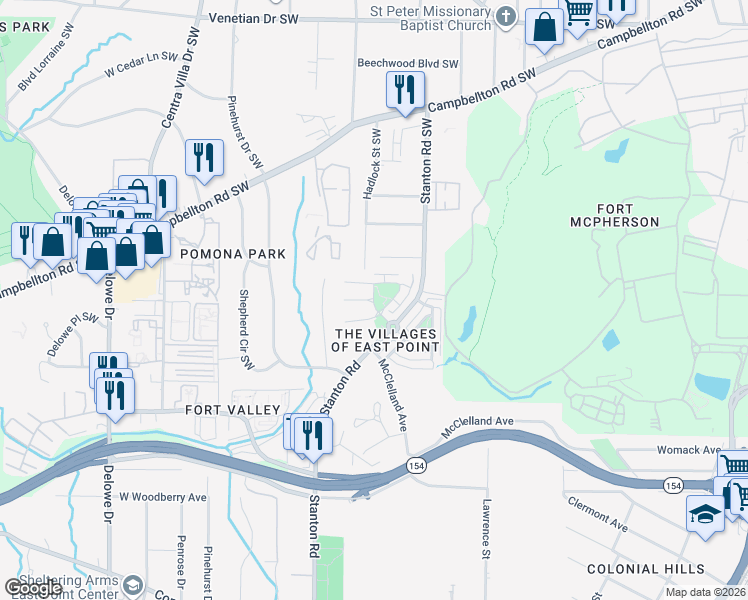 map of restaurants, bars, coffee shops, grocery stores, and more near 8918 Valley Drive in East Point