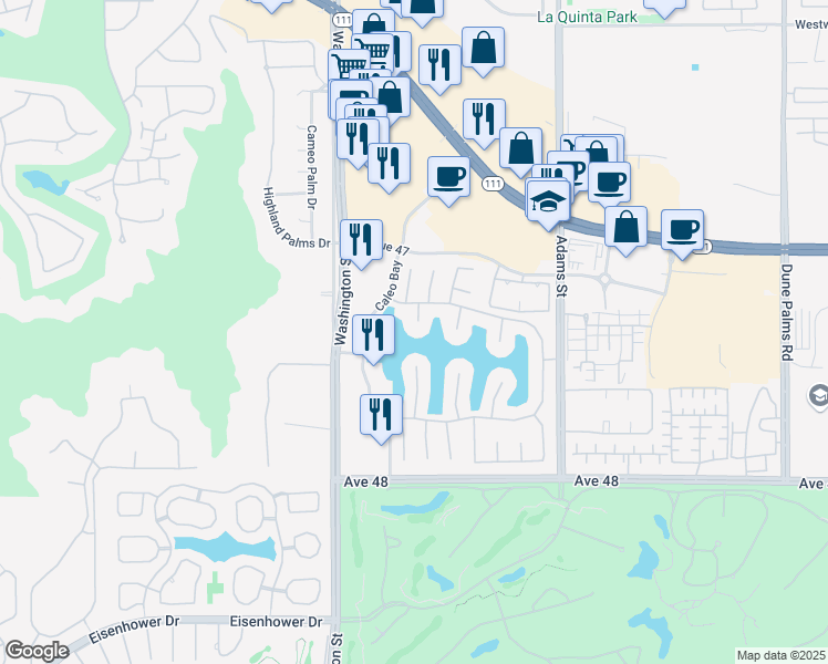map of restaurants, bars, coffee shops, grocery stores, and more near 47295 Vía Ravenna in La Quinta