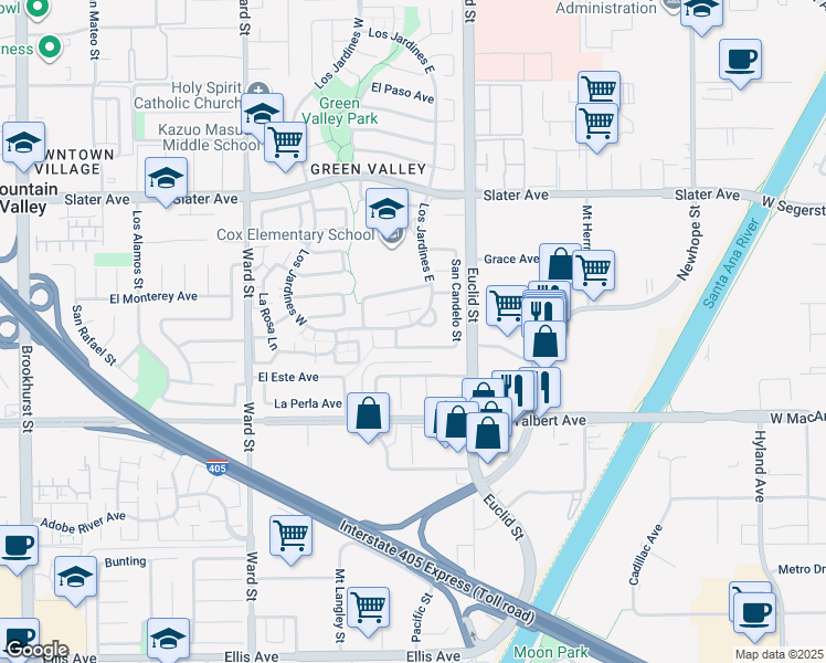 map of restaurants, bars, coffee shops, grocery stores, and more near 10900 La Flor Avenue in Fountain Valley