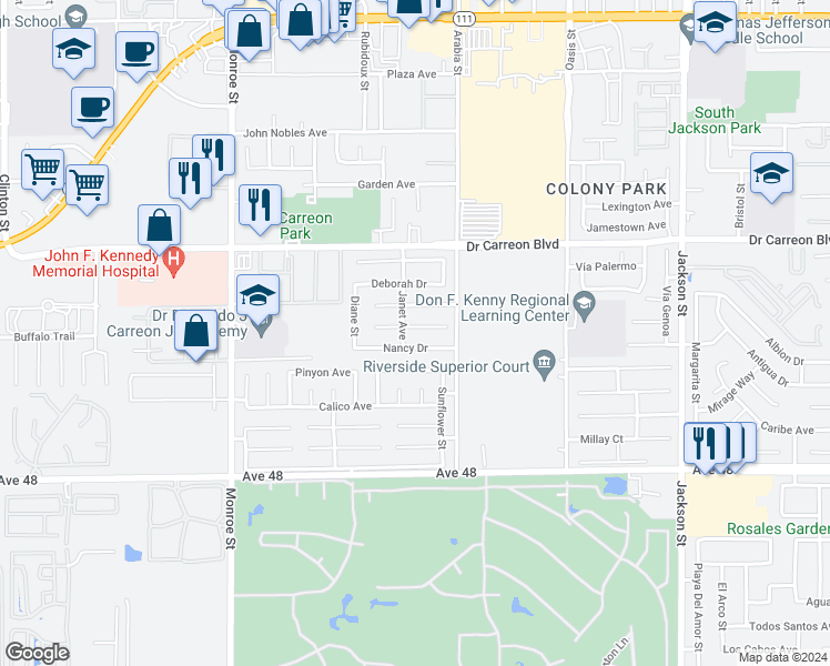 map of restaurants, bars, coffee shops, grocery stores, and more near 82431 Priscilla Court in Indio