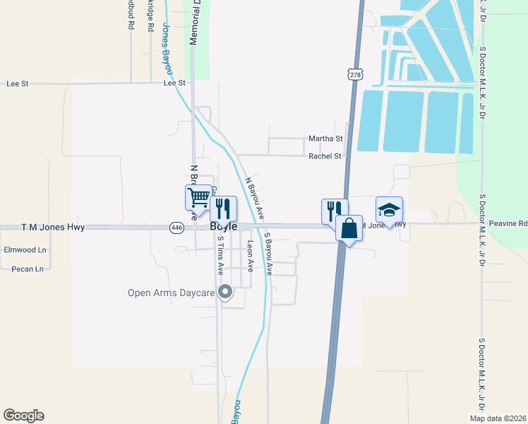 map of restaurants, bars, coffee shops, grocery stores, and more near 144 North Bayou Avenue in Boyle
