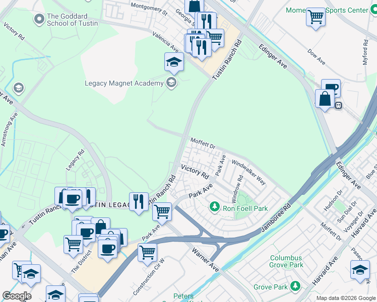 map of restaurants, bars, coffee shops, grocery stores, and more near 285 Lodestar in Tustin