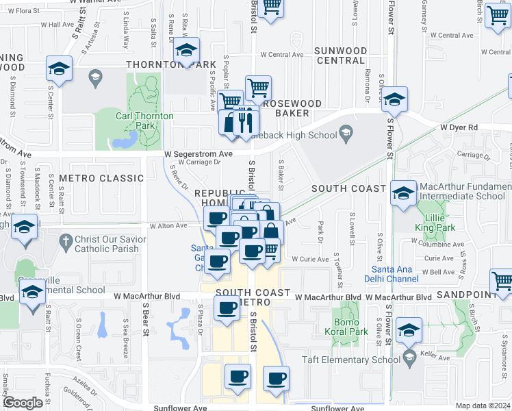 map of restaurants, bars, coffee shops, grocery stores, and more near 3103 South Bristol Street in Santa Ana