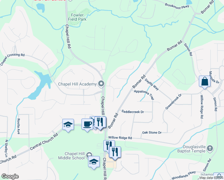map of restaurants, bars, coffee shops, grocery stores, and more near 3709 Winding Trail Court in Douglasville