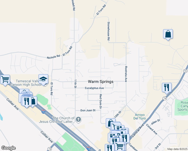 map of restaurants, bars, coffee shops, grocery stores, and more near 18354 Walnut Avenue in Lake Elsinore