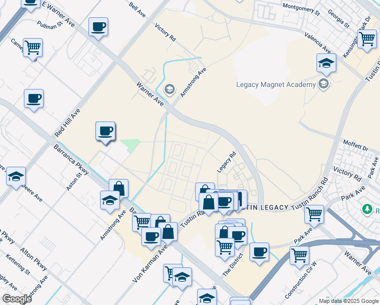 map of restaurants, bars, coffee shops, grocery stores, and more near 16130 Dawn Way in Irvine