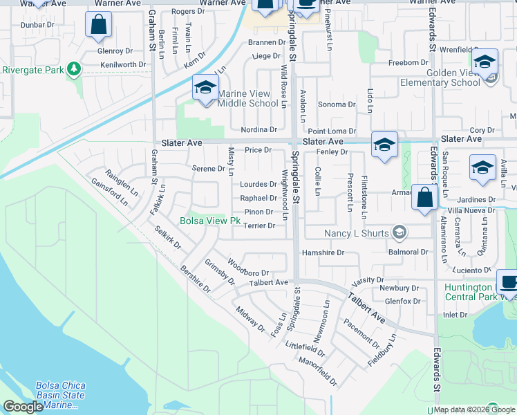 map of restaurants, bars, coffee shops, grocery stores, and more near 5851 Pinon Drive in Huntington Beach
