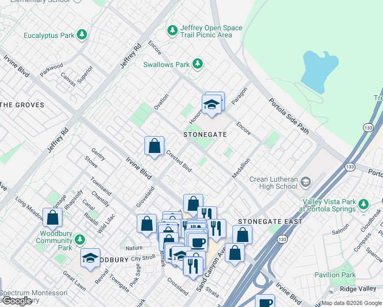 map of restaurants, bars, coffee shops, grocery stores, and more near 35 Larkfield in Irvine