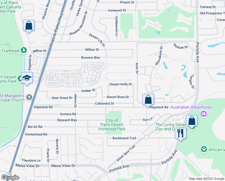 map of restaurants, bars, coffee shops, grocery stores, and more near 47265 Golden Bush Court in Palm Desert
