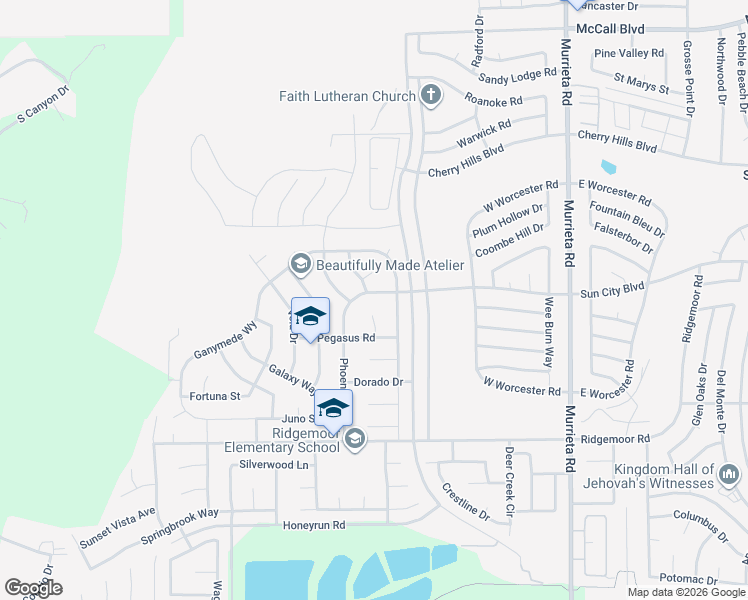 map of restaurants, bars, coffee shops, grocery stores, and more near 25515 Sun City Boulevard in Menifee