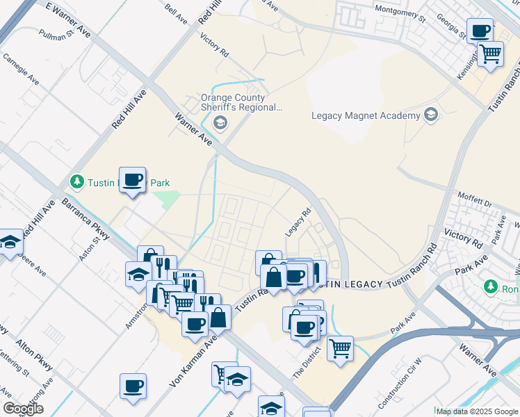 map of restaurants, bars, coffee shops, grocery stores, and more near 16123 Dawn Way in Tustin