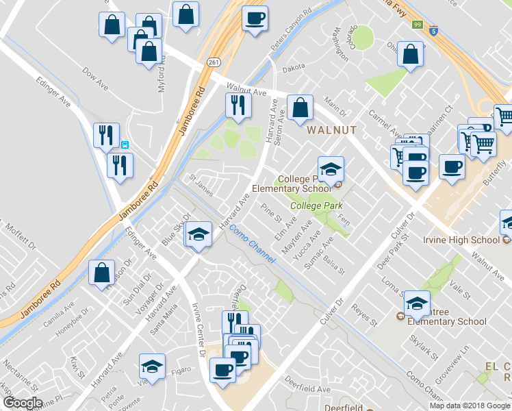 map of restaurants, bars, coffee shops, grocery stores, and more near 3552 Pine Street in Irvine