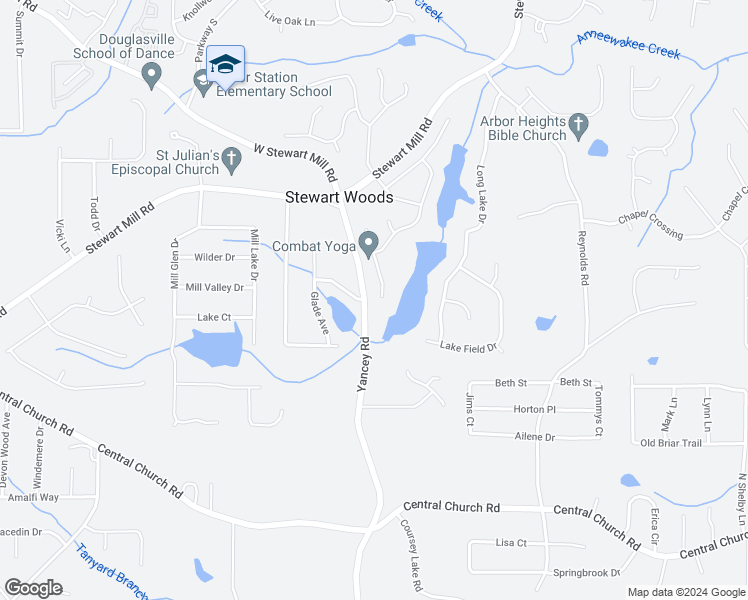 map of restaurants, bars, coffee shops, grocery stores, and more near 5345 Lake Beech Drive in Douglasville