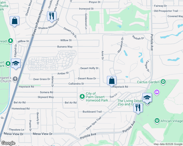 map of restaurants, bars, coffee shops, grocery stores, and more near 47230 Sand Sage Court in Palm Desert