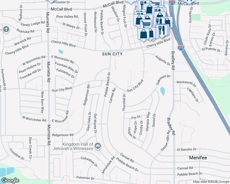 map of restaurants, bars, coffee shops, grocery stores, and more near 26553 Sun City Boulevard in Menifee