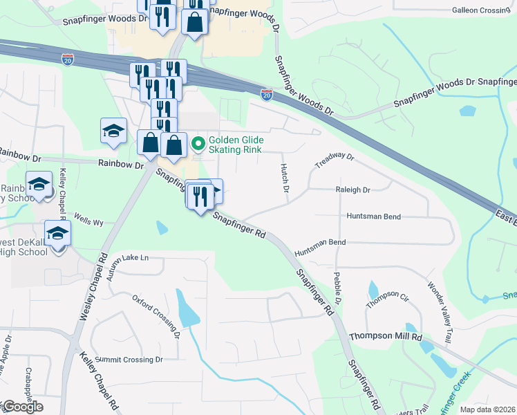 map of restaurants, bars, coffee shops, grocery stores, and more near 2881 Treadway Drive in Decatur
