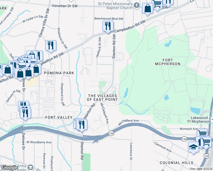 map of restaurants, bars, coffee shops, grocery stores, and more near 8045 Bayrose Circle in East Point