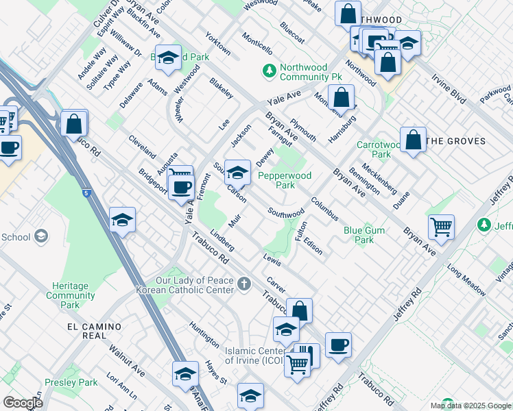map of restaurants, bars, coffee shops, grocery stores, and more near 43 Carson in Irvine
