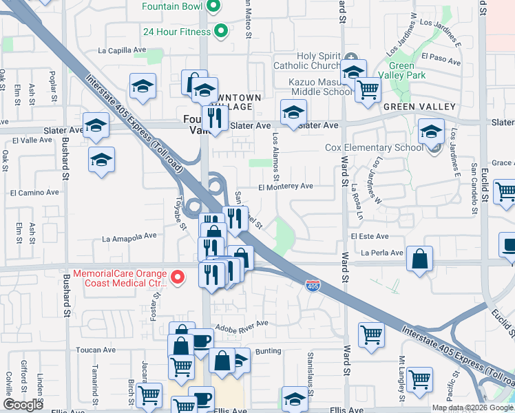 map of restaurants, bars, coffee shops, grocery stores, and more near 17779 Montezuma Circle in Fountain Valley