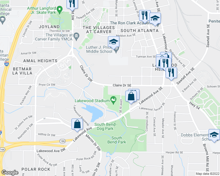 map of restaurants, bars, coffee shops, grocery stores, and more near 11 Claire Drive Southeast in Atlanta