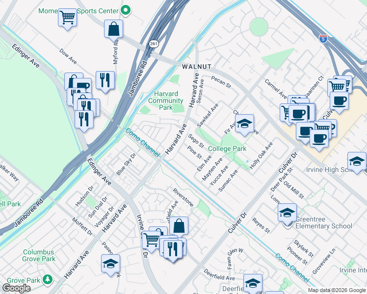 map of restaurants, bars, coffee shops, grocery stores, and more near 3552 Pine Street in Irvine