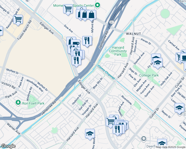 map of restaurants, bars, coffee shops, grocery stores, and more near 65 Stratus Lane in Tustin