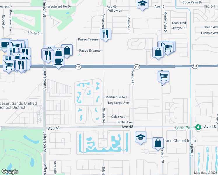 map of restaurants, bars, coffee shops, grocery stores, and more near 47383 Bahama Court in Indio