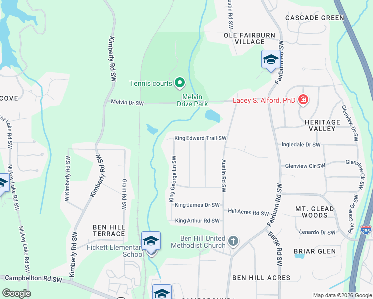 map of restaurants, bars, coffee shops, grocery stores, and more near 1827 King Charles Road Southwest in Atlanta