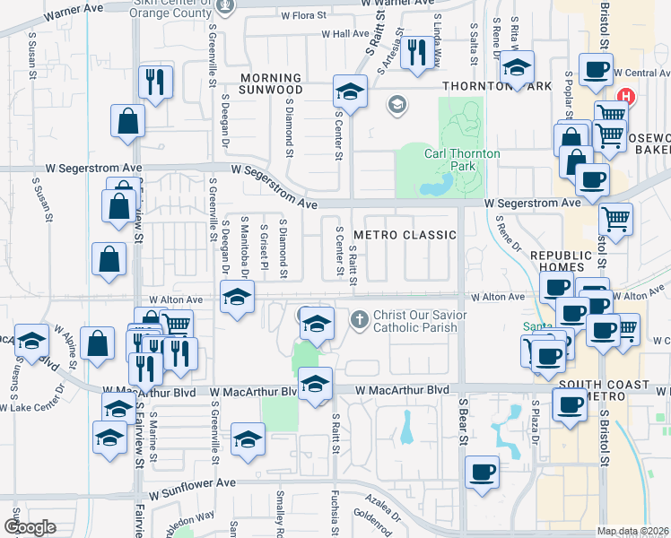 map of restaurants, bars, coffee shops, grocery stores, and more near 3210 South Center Street in Santa Ana