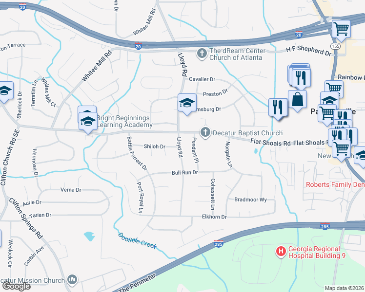 map of restaurants, bars, coffee shops, grocery stores, and more near 2814 Lloyd Road in Decatur
