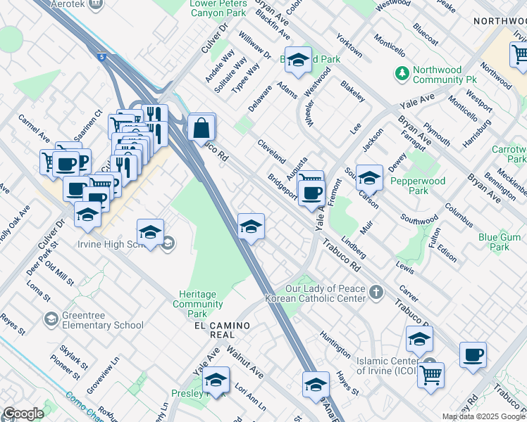 map of restaurants, bars, coffee shops, grocery stores, and more near 278 Monroe in Irvine