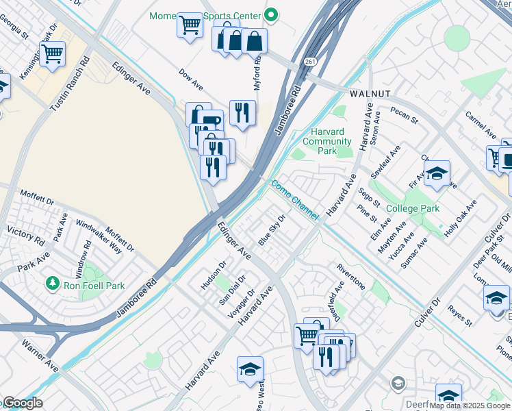 map of restaurants, bars, coffee shops, grocery stores, and more near 65 Stratus Lane in Tustin