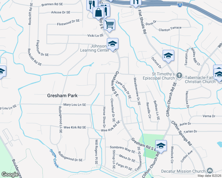map of restaurants, bars, coffee shops, grocery stores, and more near 2831 Gresham Road South East in Atlanta