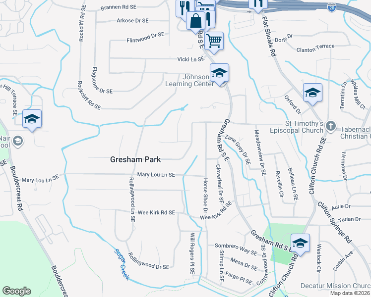 map of restaurants, bars, coffee shops, grocery stores, and more near 1932 Boulderview Drive Southeast in Atlanta