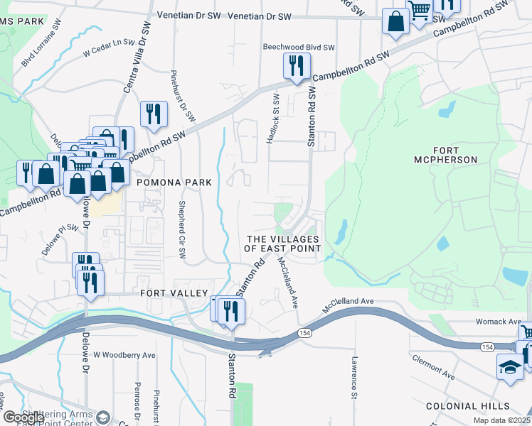 map of restaurants, bars, coffee shops, grocery stores, and more near 1724 Bayrose Circle in East Point