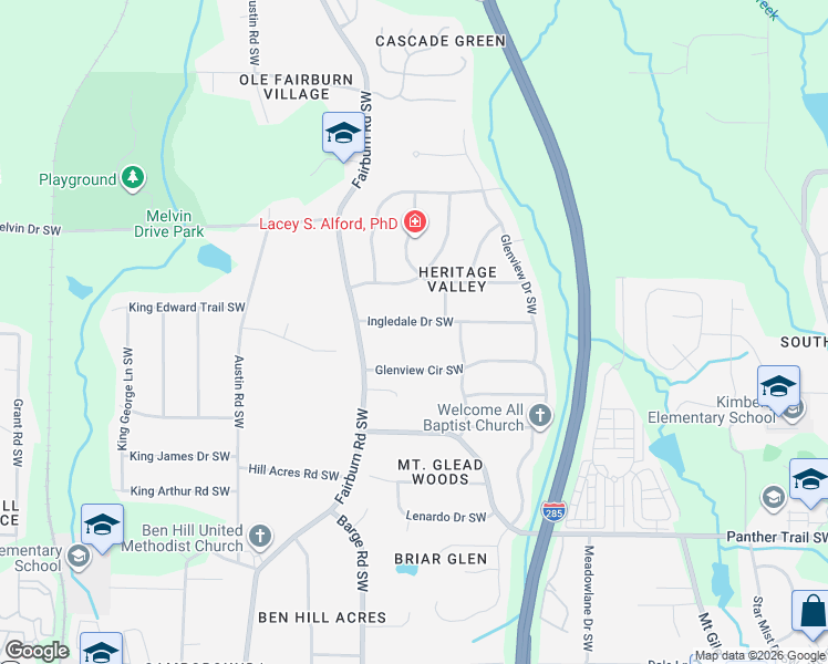 map of restaurants, bars, coffee shops, grocery stores, and more near 3590 Ingledale Drive Southwest in Atlanta