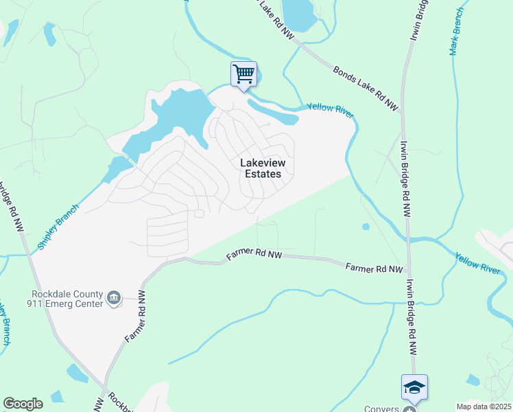 map of restaurants, bars, coffee shops, grocery stores, and more near 64 Crossland Drive Northwest in Conyers