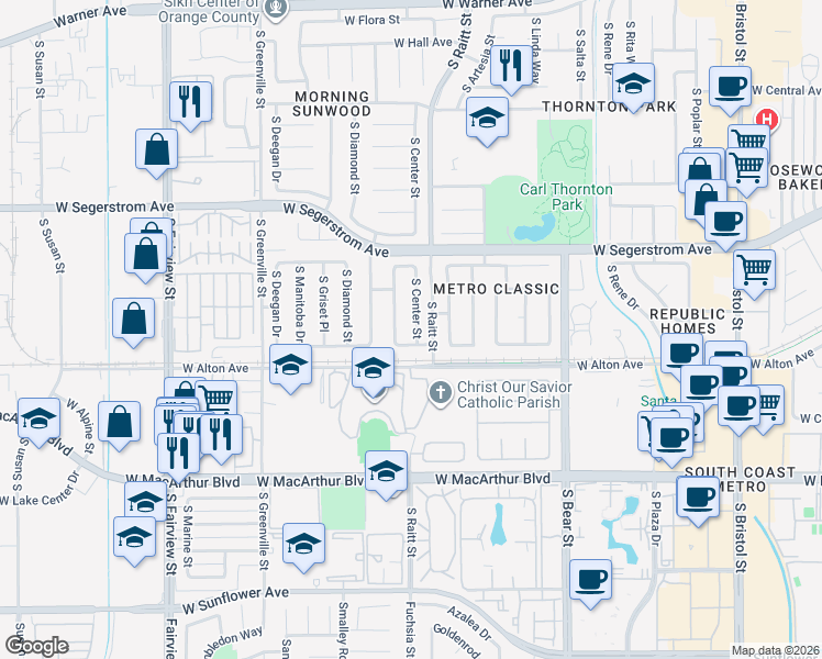 map of restaurants, bars, coffee shops, grocery stores, and more near 3210 South Center Street in Santa Ana