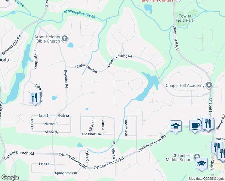 map of restaurants, bars, coffee shops, grocery stores, and more near 3663 Fowler Ridge in Douglasville