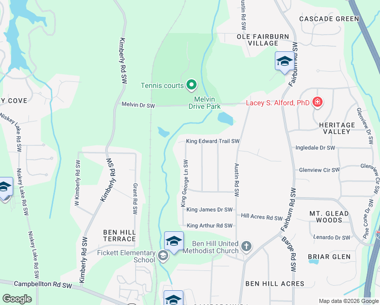 map of restaurants, bars, coffee shops, grocery stores, and more near 1827 King Charles Road Southwest in Atlanta