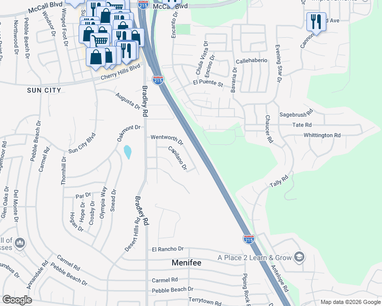 map of restaurants, bars, coffee shops, grocery stores, and more near 27252 Wentworth Drive in Menifee