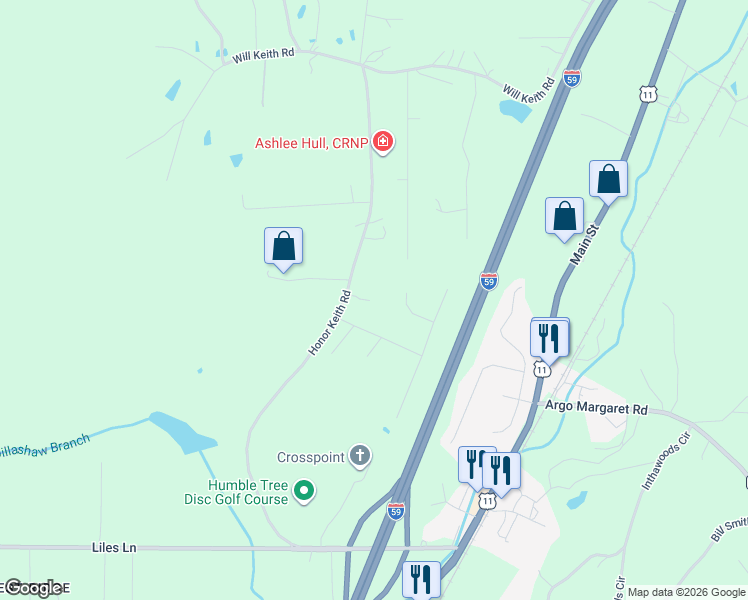 map of restaurants, bars, coffee shops, grocery stores, and more near 6925 Honor Keith Road in Trussville