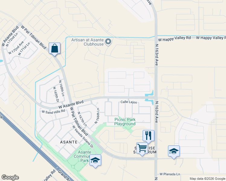 map of restaurants, bars, coffee shops, grocery stores, and more near 24326 North 166th Avenue in Surprise